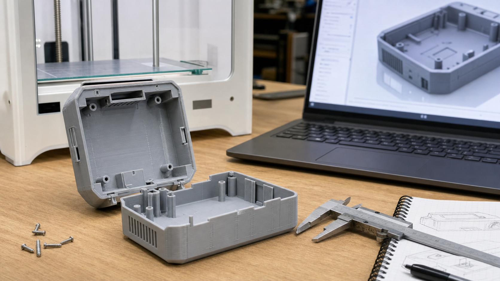 3D printed prototype enclosure reviewed with CAD and calipers