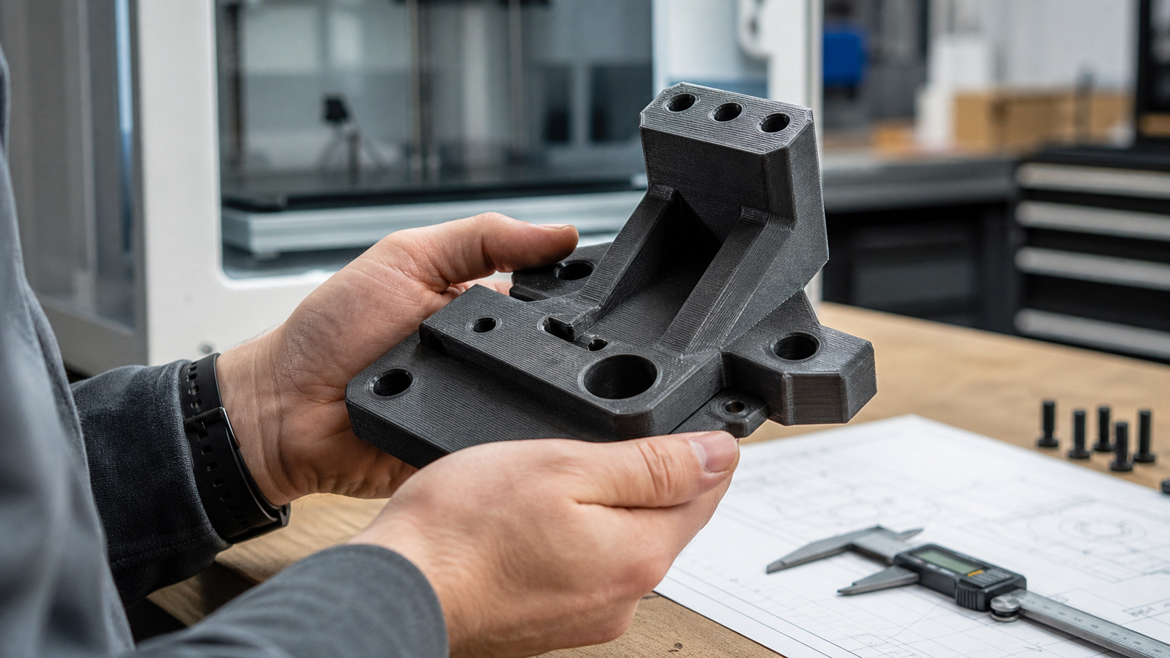 Engineer inspecting a functional 3D printed fixture