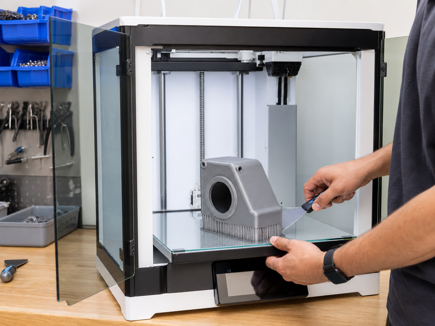 Removing a gray 3D printed prototype from an UltiMaker S5 build plate