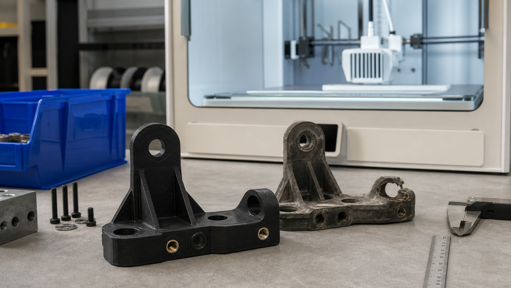New 3D printed replacement bracket next to worn original part